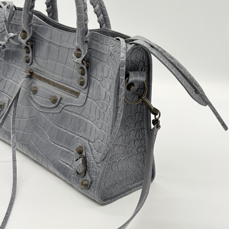 BALENCIAGA 巴黎世家 Calfskin Crocodile 藍灰色 牛皮 鱷魚壓紋 經典 機車包 Classic 手提包 斜背包-3