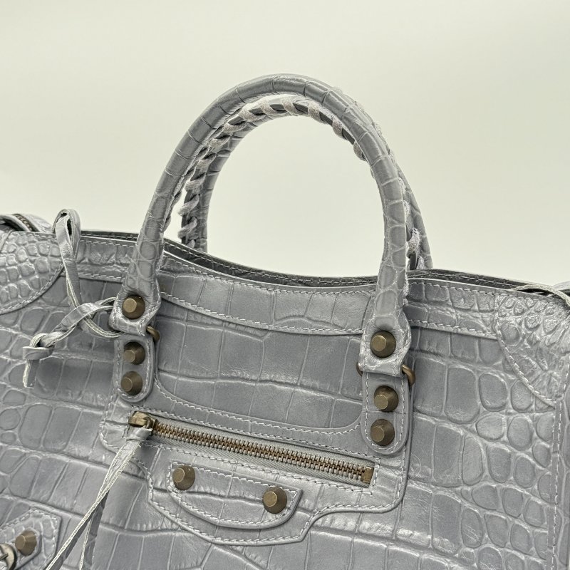 BALENCIAGA 巴黎世家 Calfskin Crocodile 藍灰色 牛皮 鱷魚壓紋 經典 機車包 Classic 手提包 斜背包-6