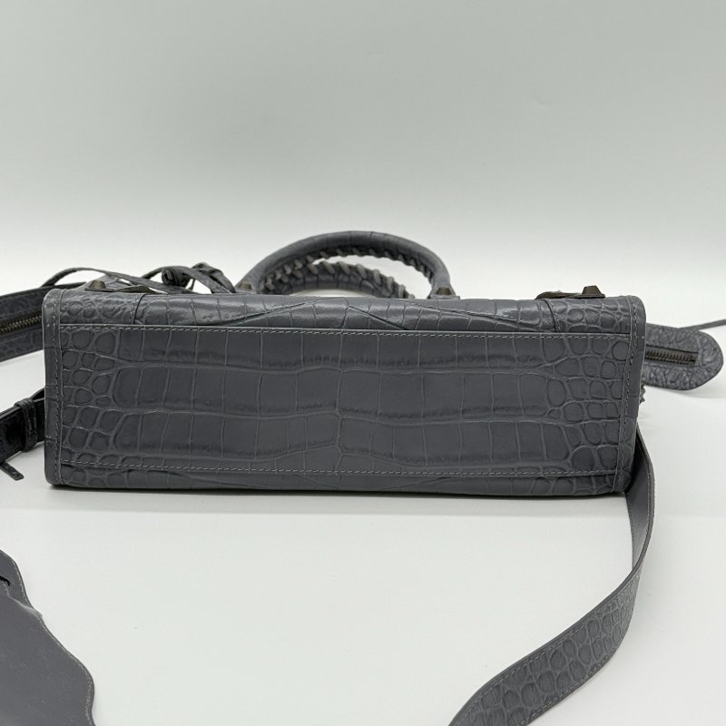 BALENCIAGA 巴黎世家 Calfskin Crocodile 藍灰色 牛皮 鱷魚壓紋 經典 機車包 Classic 手提包 斜背包-8