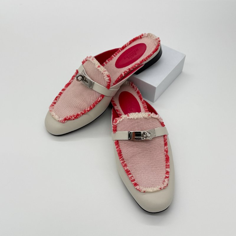 HERMES 愛馬仕 奶昔白 牛皮拼織物 KELLY 穆勒鞋  EU 35 1/2｜專櫃62,000-0