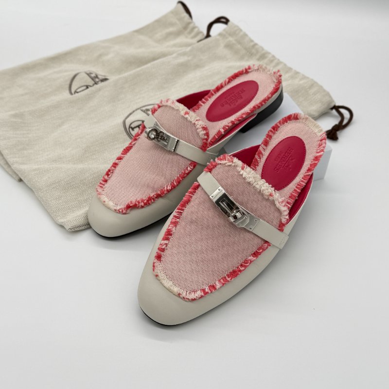 HERMES 愛馬仕 奶昔白 牛皮拼織物 KELLY 穆勒鞋  EU 35 1/2｜專櫃62,000-1