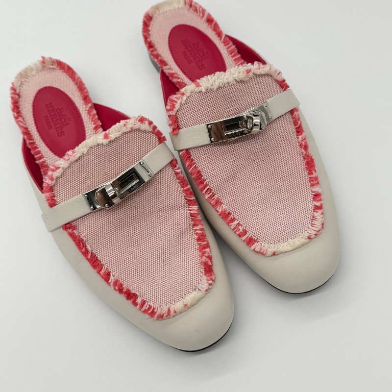 HERMES 愛馬仕 奶昔白 牛皮拼織物 KELLY 穆勒鞋  EU 35 1/2｜專櫃62,000-2