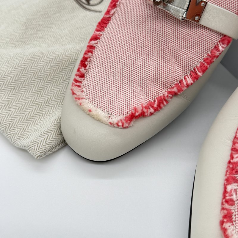 HERMES 愛馬仕 奶昔白 牛皮拼織物 KELLY 穆勒鞋  EU 35 1/2｜專櫃62,000-4