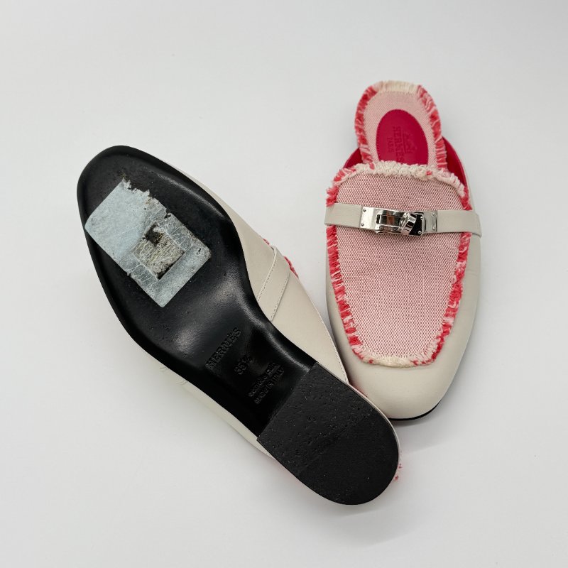 HERMES 愛馬仕 奶昔白 牛皮拼織物 KELLY 穆勒鞋  EU 35 1/2｜專櫃62,000-9