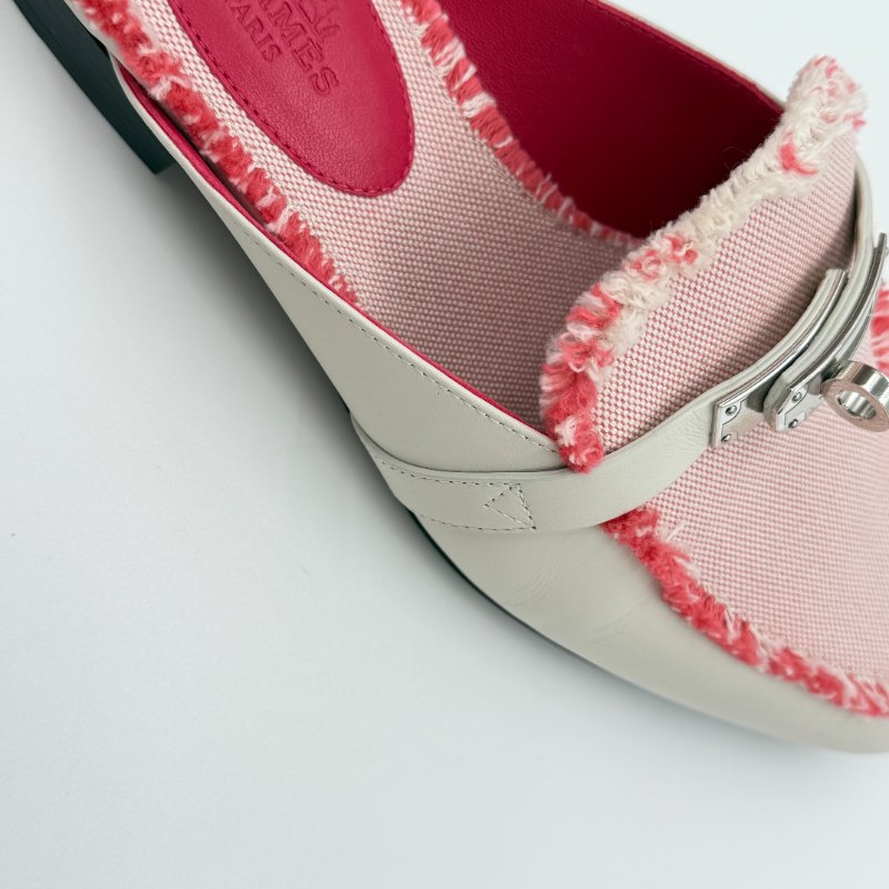 HERMES 愛馬仕 奶昔白 牛皮拼織物 KELLY 穆勒鞋  EU 35 1/2｜專櫃62,000-13