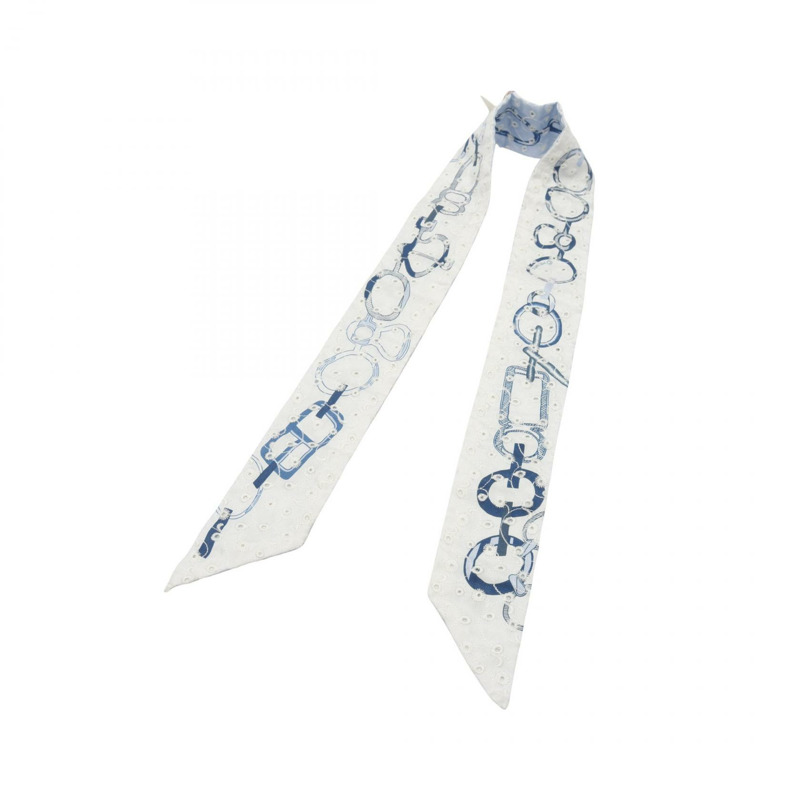 愛馬仕 Twilly DO RE BOUCLES 刺繡絲巾，藍白相間，二手女款-3