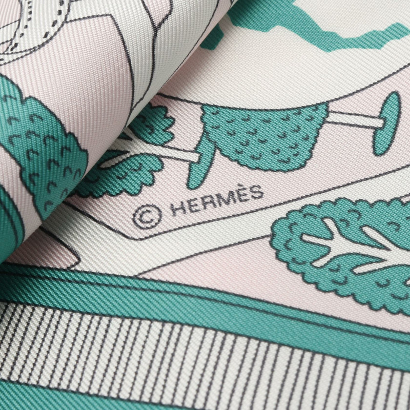 HERMES Carre90 LES AMOUREUX DE PARIS 圍巾絲綢粉色綠色二手女式-1