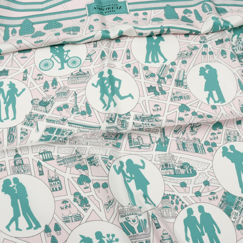 HERMES Carre90 LES AMOUREUX DE PARIS 圍巾絲綢粉色綠色二手女式-5