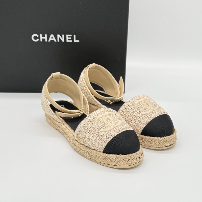 CHANEL 香奈兒 米色 黑色 草編 帆布 漁夫鞋 涼鞋 EU35-0