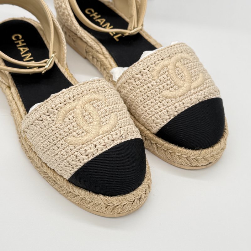 CHANEL 香奈兒 米色 黑色 草編 帆布 漁夫鞋 涼鞋 EU35-1
