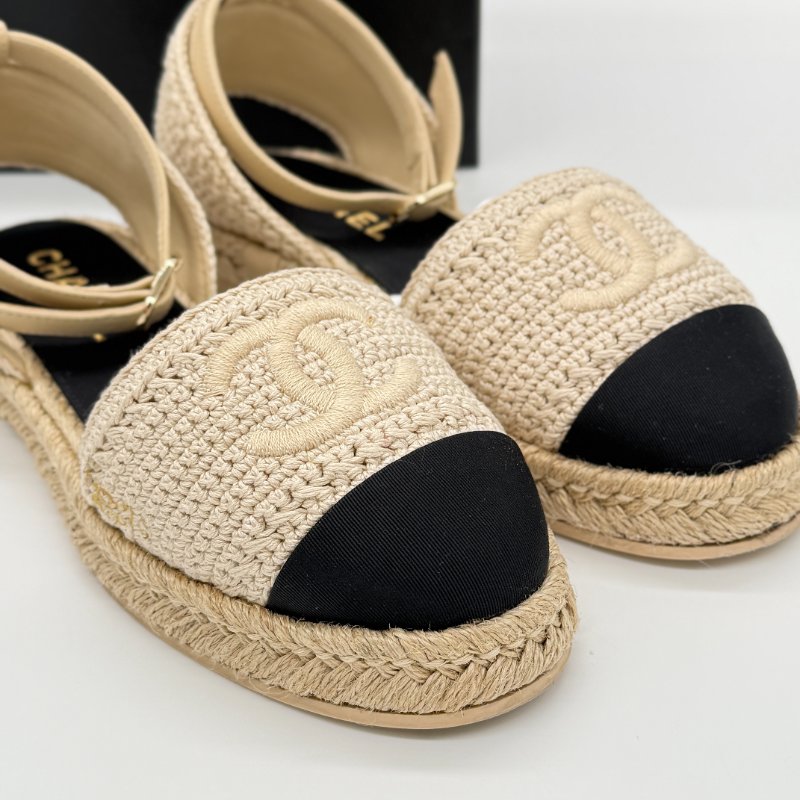 CHANEL 香奈兒 米色 黑色 草編 帆布 漁夫鞋 涼鞋 EU35-2