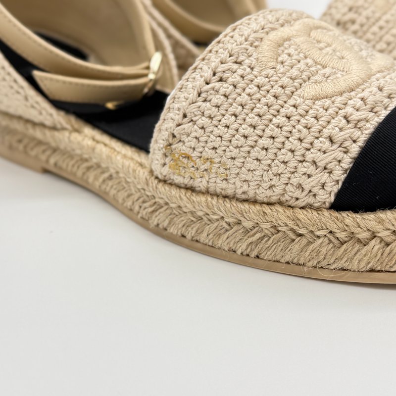 CHANEL 香奈兒 米色 黑色 草編 帆布 漁夫鞋 涼鞋 EU35-3