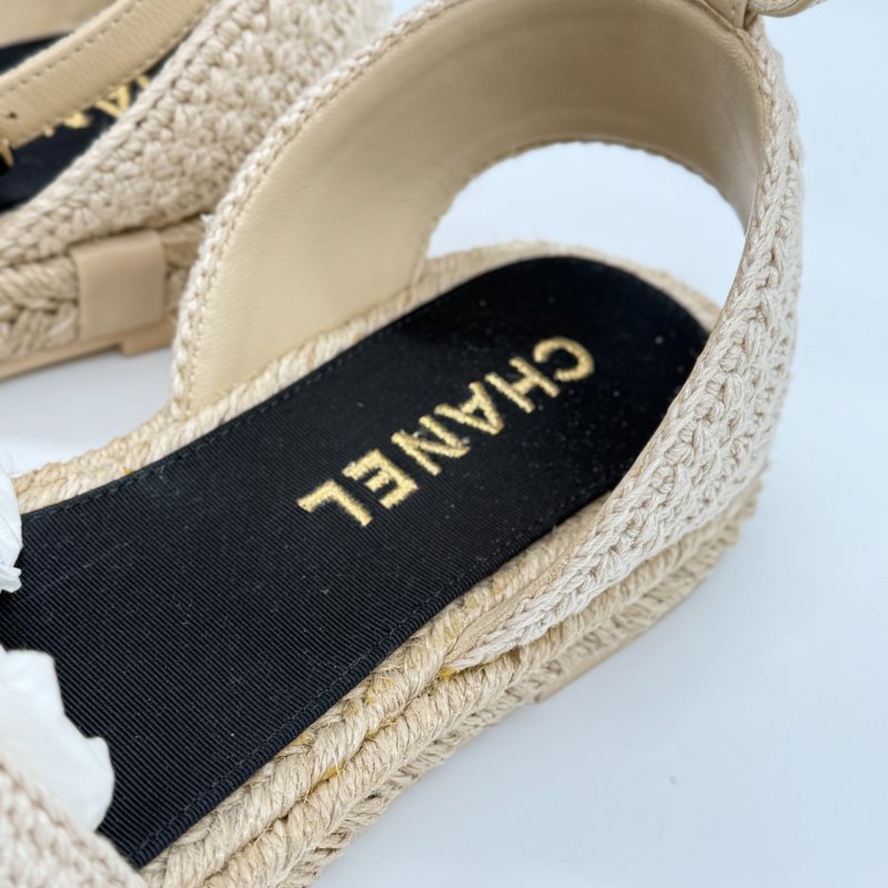 CHANEL 香奈兒 米色 黑色 草編 帆布 漁夫鞋 涼鞋 EU35-4