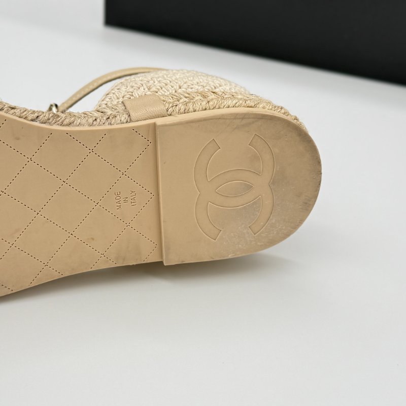 CHANEL 香奈兒 米色 黑色 草編 帆布 漁夫鞋 涼鞋 EU35-6
