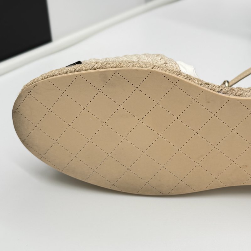 CHANEL 香奈兒 米色 黑色 草編 帆布 漁夫鞋 涼鞋 EU35-9