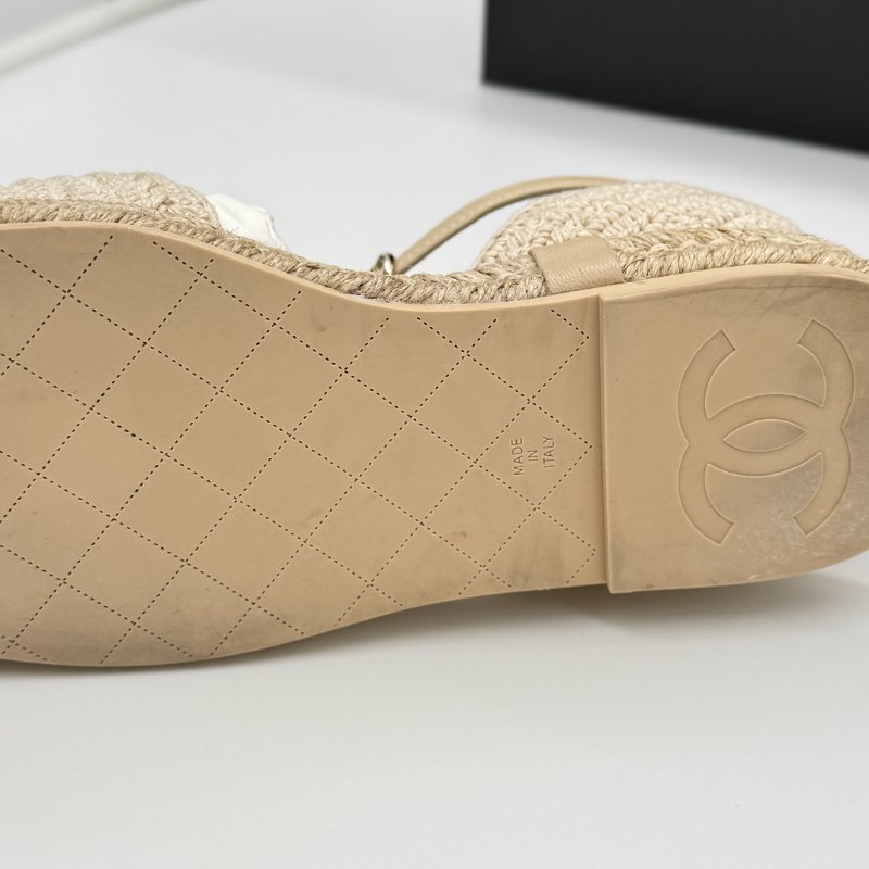 CHANEL 香奈兒 米色 黑色 草編 帆布 漁夫鞋 涼鞋 EU35-10
