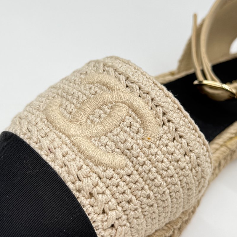 CHANEL 香奈兒 米色 黑色 草編 帆布 漁夫鞋 涼鞋 EU35-11