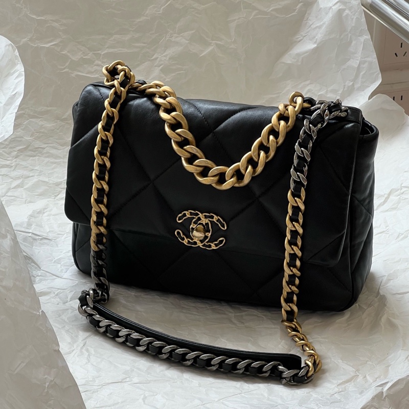Chanel香奈兒 19bag黑金中號羊皮鏈條包 芯片款-0
