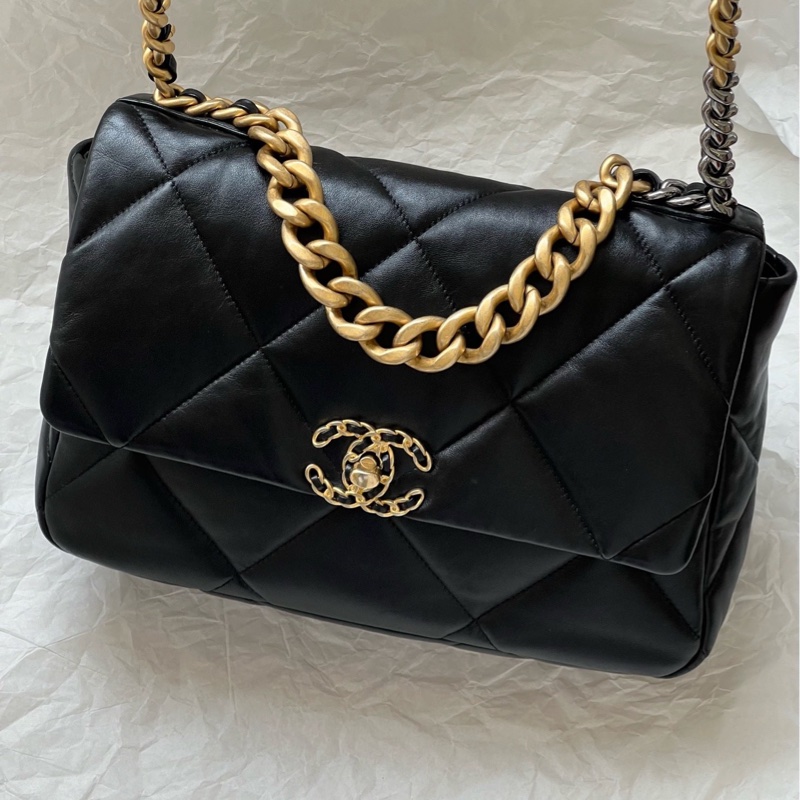 Chanel香奈兒 19bag黑金中號羊皮鏈條包 芯片款-1