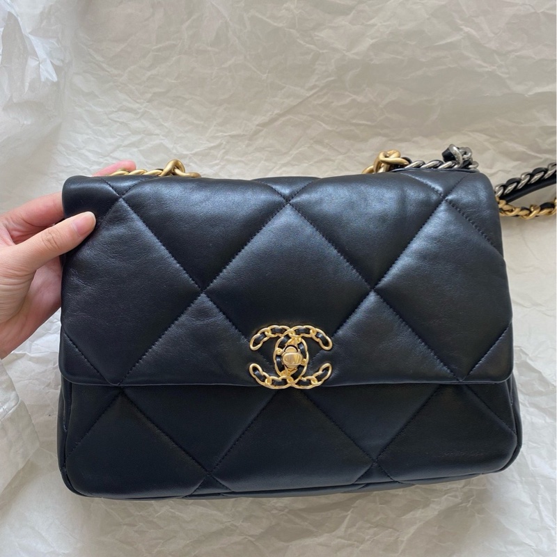 Chanel香奈兒 19bag黑金中號羊皮鏈條包 芯片款-6