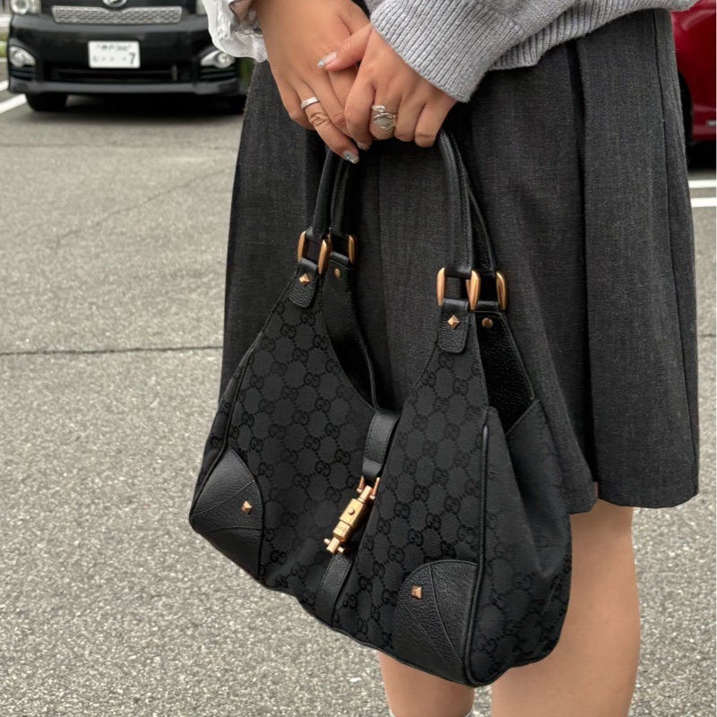 Gucci Jackie Vintage 黑色老花帆布拼皮按扣手拿腋下包-0