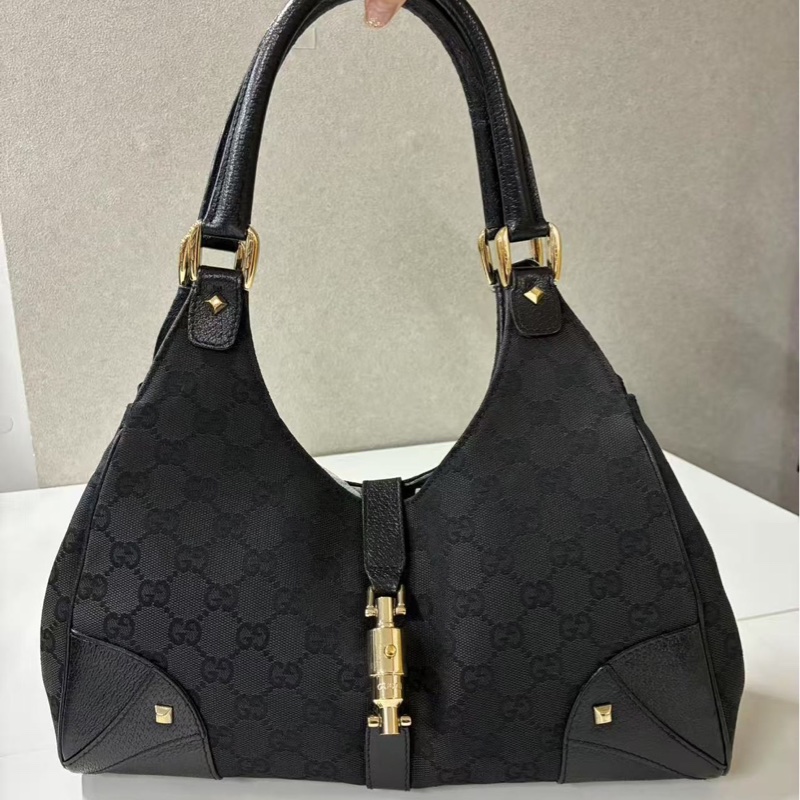 Gucci Jackie Vintage 黑色老花帆布拼皮按扣手拿腋下包-1