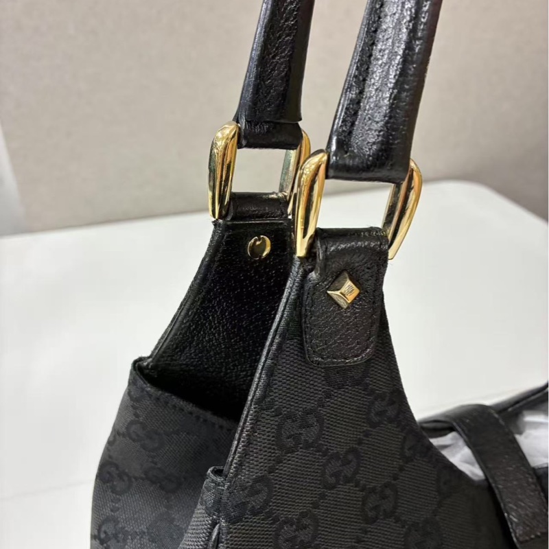 Gucci Jackie Vintage 黑色老花帆布拼皮按扣手拿腋下包-2