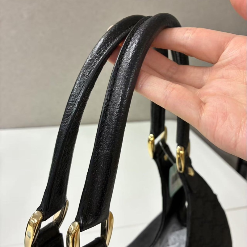 Gucci Jackie Vintage 黑色老花帆布拼皮按扣手拿腋下包-3