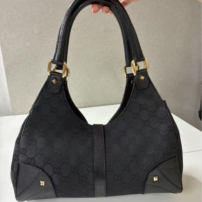 Gucci Jackie Vintage 黑色老花帆布拼皮按扣手拿腋下包-4