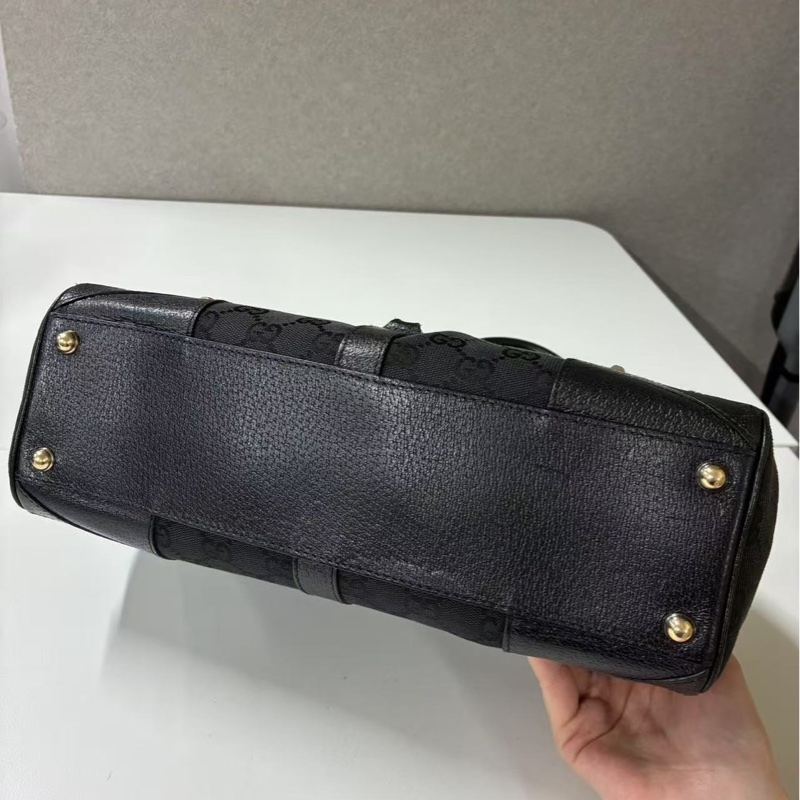Gucci Jackie Vintage 黑色老花帆布拼皮按扣手拿腋下包-6