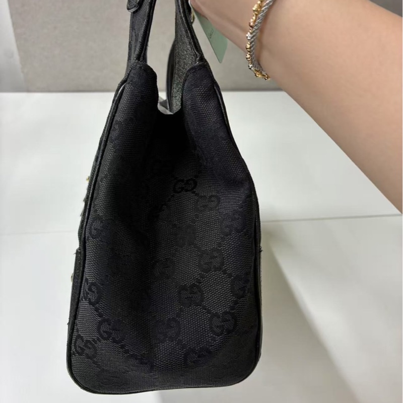 Gucci Jackie Vintage 黑色老花帆布拼皮按扣手拿腋下包-7
