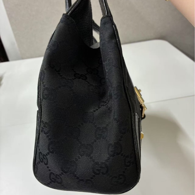 Gucci Jackie Vintage 黑色老花帆布拼皮按扣手拿腋下包-8