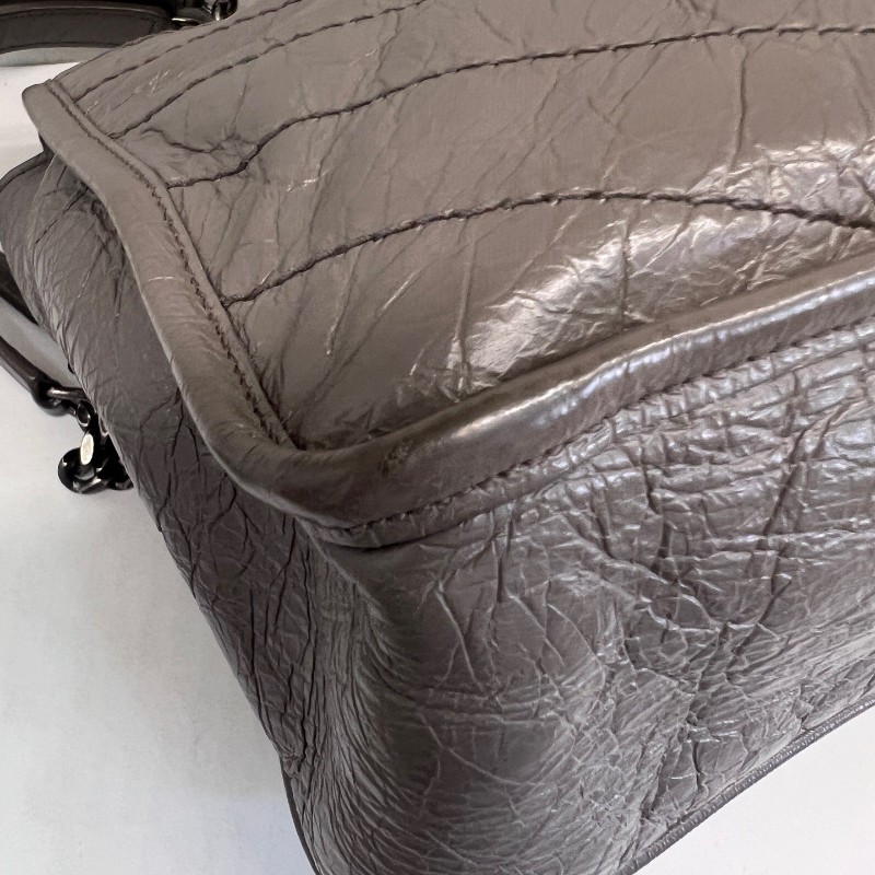 YSL/聖羅蘭  Niki 中號 灰色 Logo復古皺褶 牛皮革 肩背包 斜背包-5