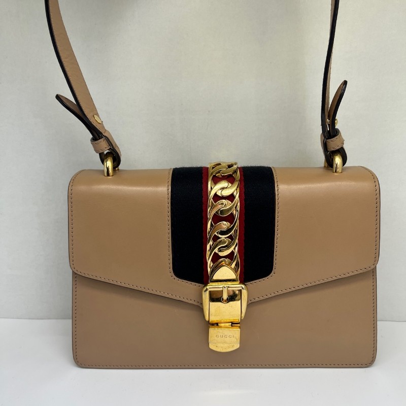 Gucci奶茶色牛皮塞爾維亞中號 肩背包 斜背包-0