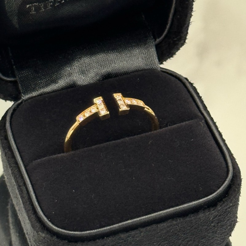 Tiffany 雙T戒指兩邊鑽開口戒指窄版T系列玫瑰金大U 59碼-0