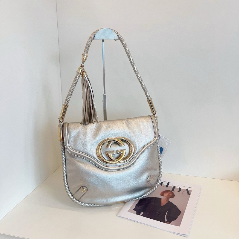 Gucci古馳 太空銀💿麻花編織 流蘇小皮鞭Hobo 肩背包大GG logo 大號-0