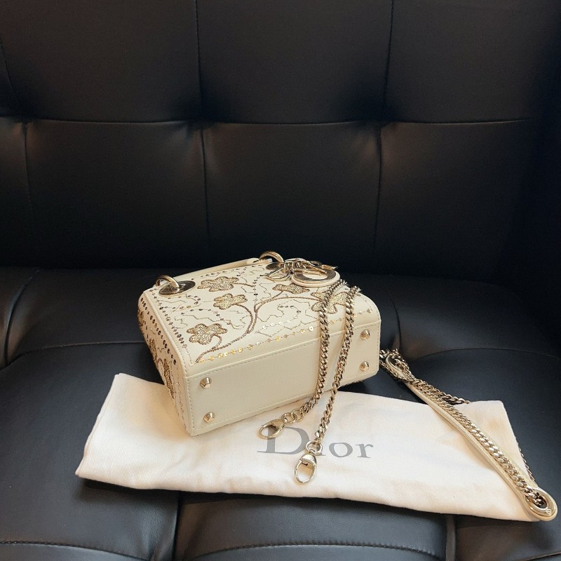 Dior 迪奧 lady迪奧 限量款 重工四葉草刺繡 三格金扣 戴妃包 18年 手提包肩背包斜背包-5