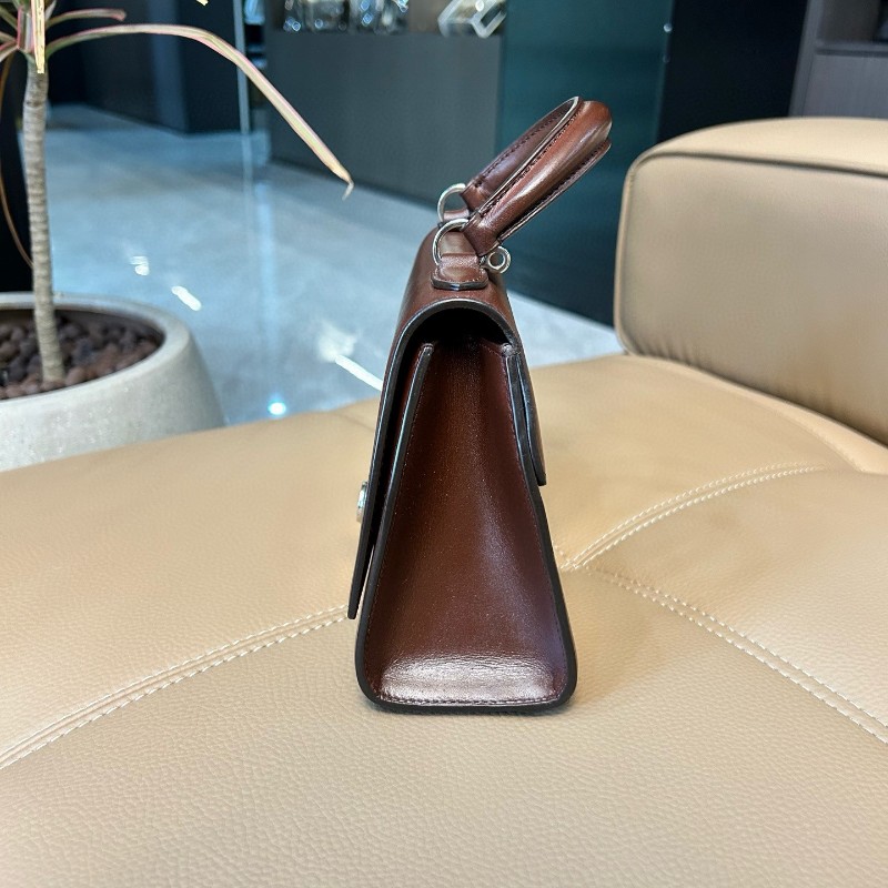 Moynat莫奈 Rejane咖啡棕馬鞍皮銀扣小號手提包 肩背包 斜背包-3