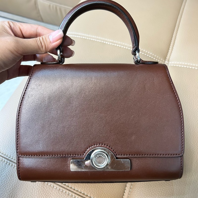 Moynat莫奈 Rejane咖啡棕馬鞍皮銀扣小號手提包 肩背包 斜背包-7