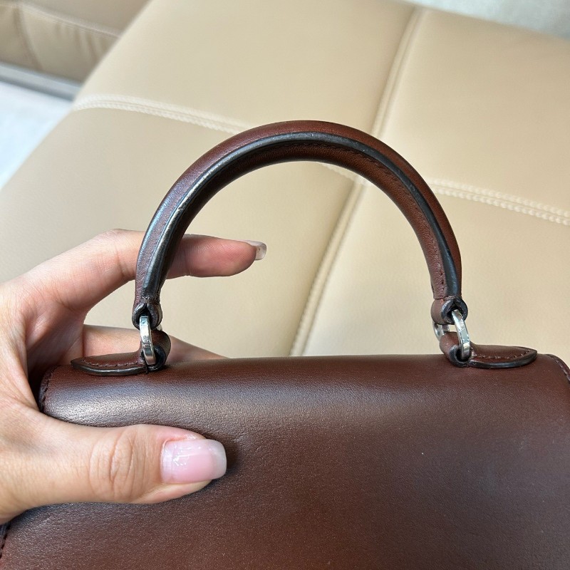 Moynat莫奈 Rejane咖啡棕馬鞍皮銀扣小號手提包 肩背包 斜背包-9