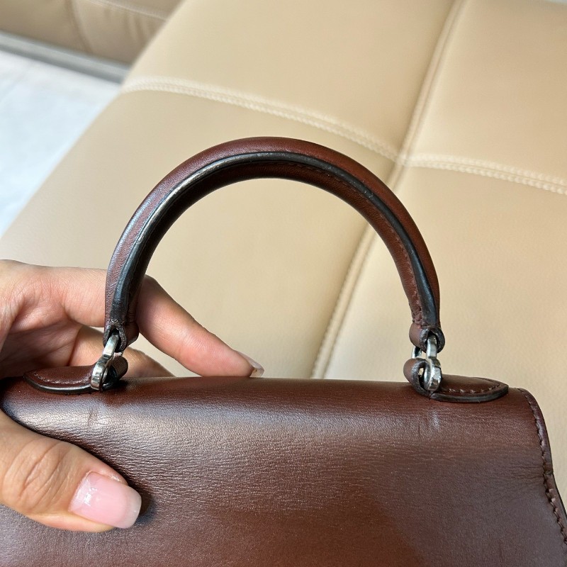 Moynat莫奈 Rejane咖啡棕馬鞍皮銀扣小號手提包 肩背包 斜背包-14