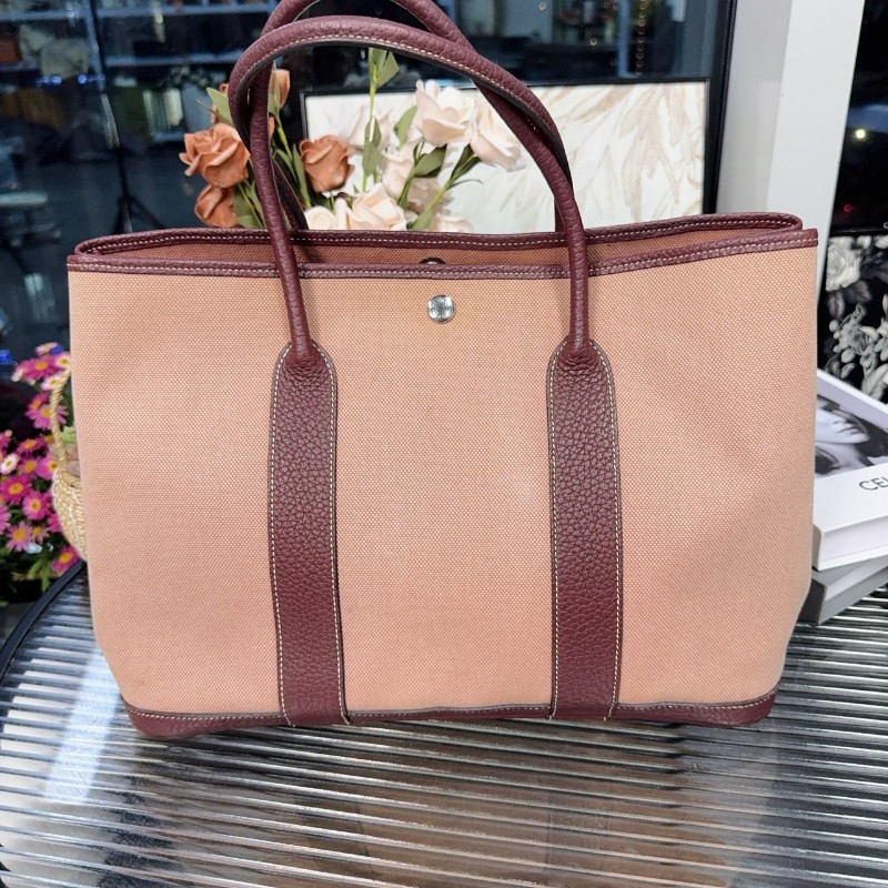 Hermes愛馬仕 Garden Party GP36 花園包 酒紅色 帆布拼皮 框o刻 手提包-1