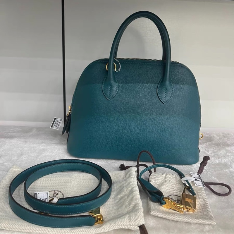 愛馬仕保齡球bolide 25尺寸 Z刻普魯士綠 金扣 附件 肩帶 鎖具 皮牌-0