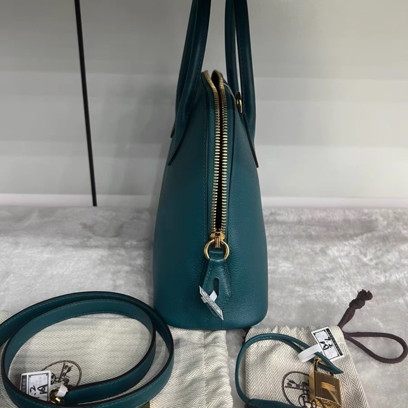 愛馬仕保齡球bolide 25尺寸 Z刻普魯士綠 金扣 附件 肩帶 鎖具 皮牌-2