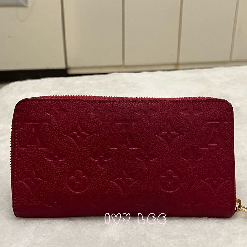 LOUIS VUITTON 路易威登 紅色牛皮 壓花 拉鍊 長夾 M60488 正品 二手精品-1