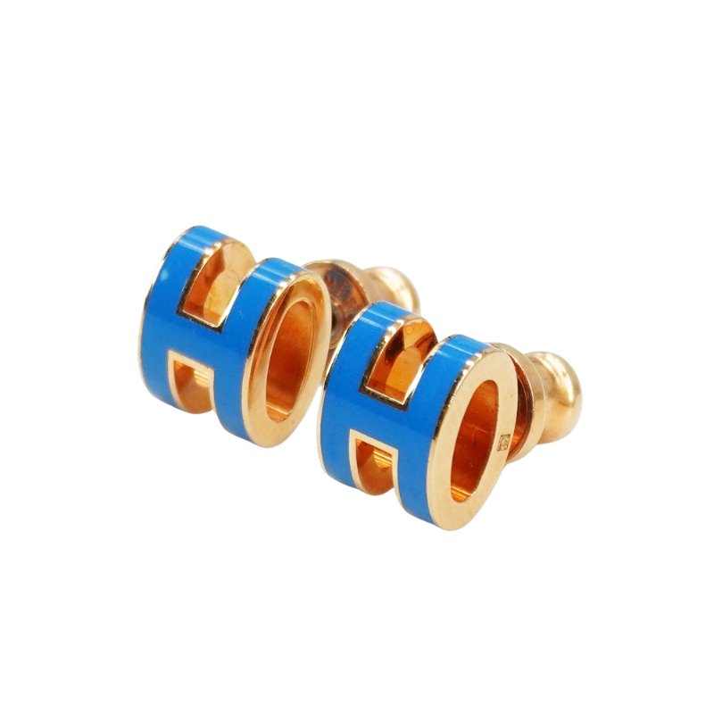 Hermes Pop H 立體簍空橢圓logo耳環-mini(藍/玫瑰金)-1