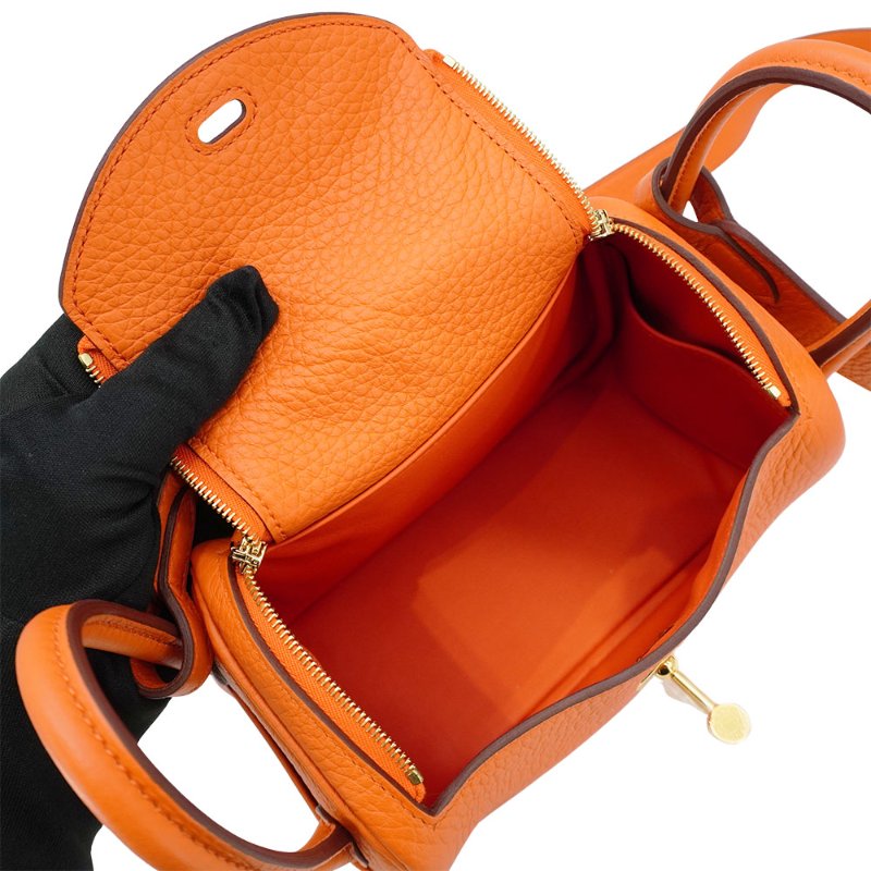 Hermes Mini Lindy 牛皮金釦兩用包(93橘)-4