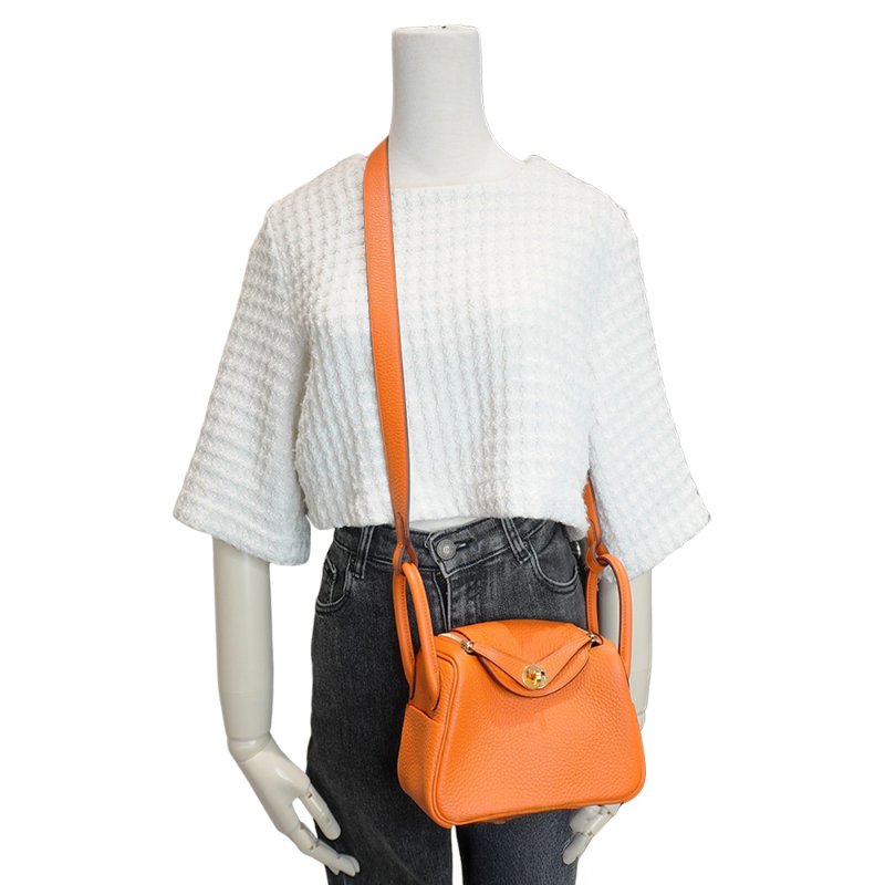 Hermes Mini Lindy 牛皮金釦兩用包(93橘)-5