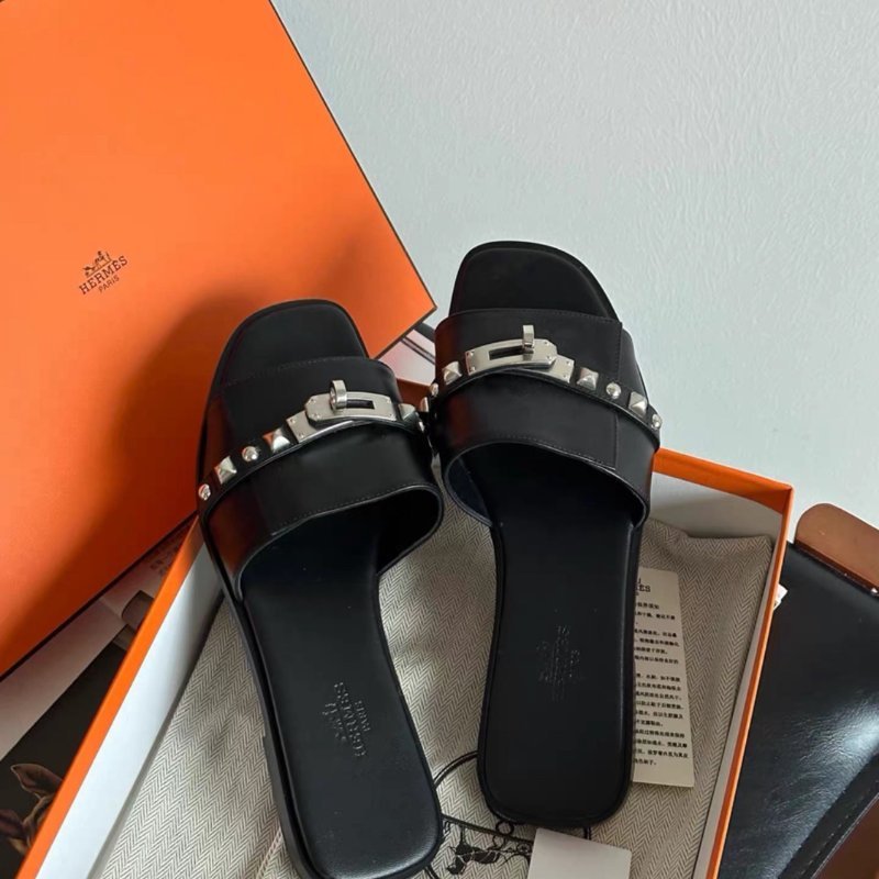 hermes giulia黑銀kelly扣卯釘平底涼拖鞋 37.5號全新配件塵袋盒子-0