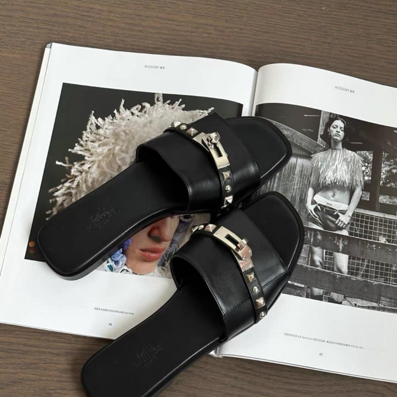 hermes giulia黑銀kelly扣卯釘平底涼拖鞋 37.5號全新配件塵袋盒子-2